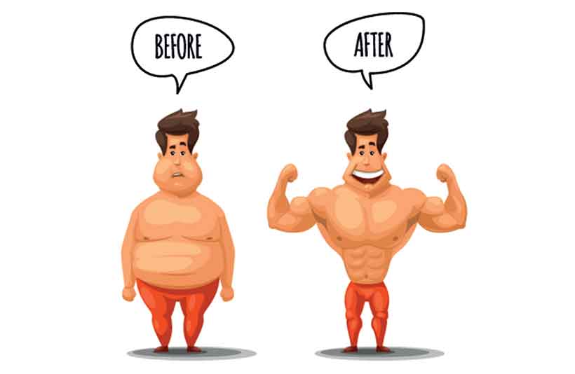 Hay muchas fotos antes y después de la dieta del bistec y los huevos. Estilo de dibujos animados Imagen de antes y después que muestra la pérdida de peso.