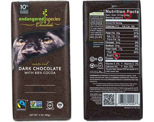 Especies en peligro de extinción Barra de chocolate amargo al 88 % e información nutricional.