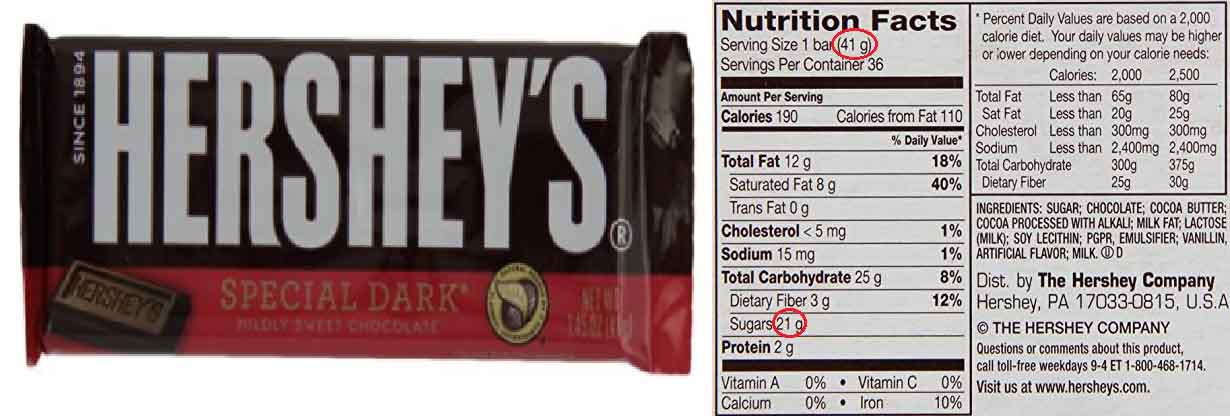 Barra de chocolate Hershey 'Special Dark' e información nutricional.