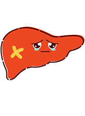 Imagen de dibujos animados de un hígado triste con daño hepático.