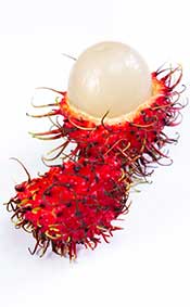 Imagen de la fruta de rambután que muestra la carne superior y la piel roja picante.