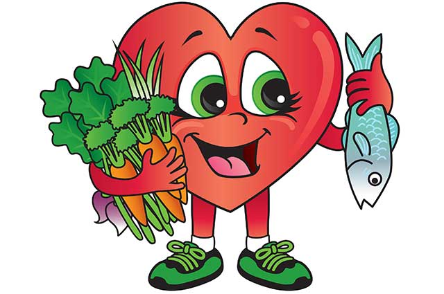 Cartoon Heart Holding Caballa y Verduras - Tema de Salud Cardiovascular.