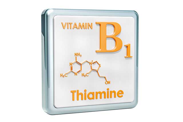 Fórmula química y estructura molecular de la vitamina B1 (tiamina).