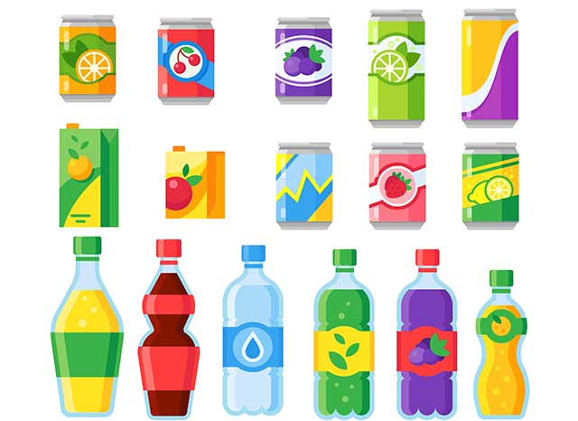 Varias Botellas y Latas de Cola y Soda.