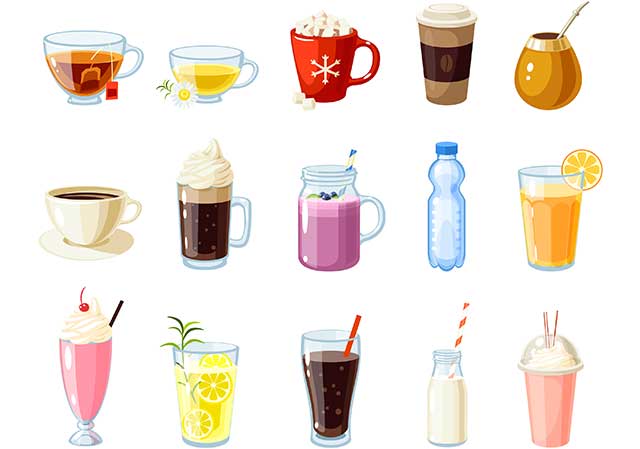 Varias bebidas frías y calientes diferentes.