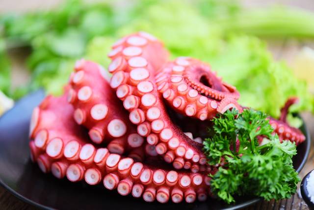Pulpo En Plato Negro.